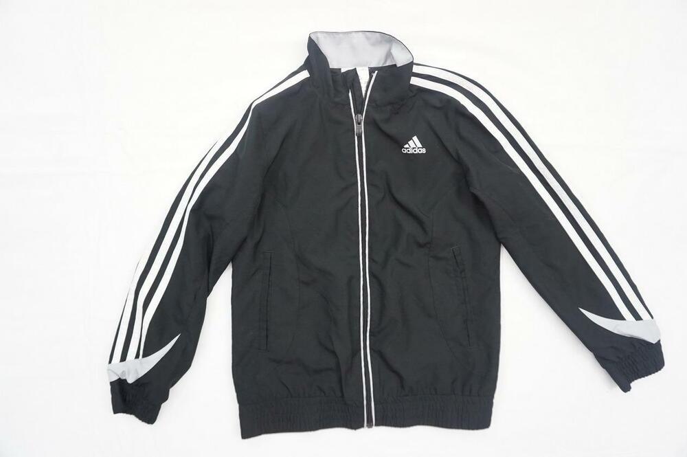 ADIDAS USED KIDS US S/UK 7/8 Y BLACK/WHITE WINDBREAKER ATHLETIC JACKET